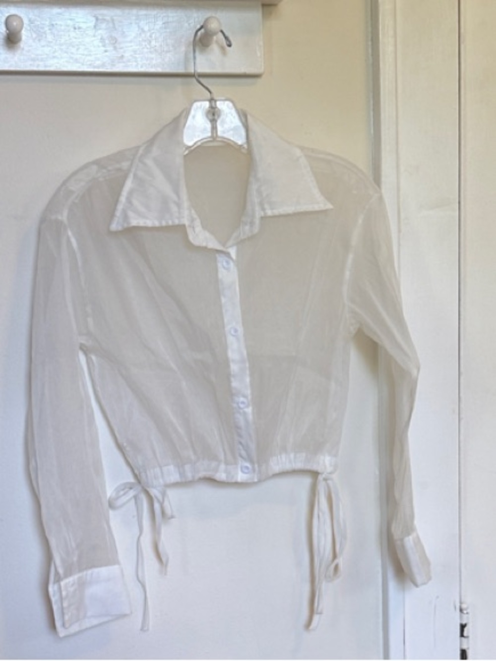 Cropped Sheer White Button-Up Drawstring Shirt